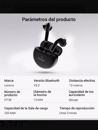 Audifonos Inalambricos Lenovo Ht38 Earbuds Bluetooth 5.0