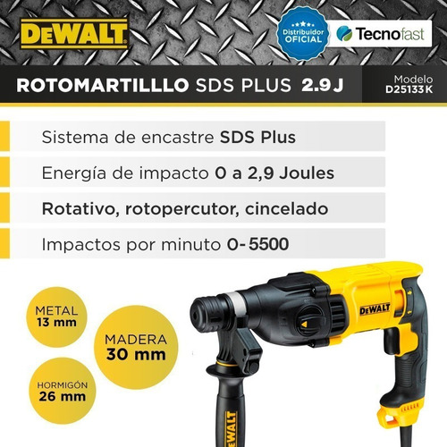 Imagen 2 de 4 de Rotomartillo Dewalt 800w Sds Plus Martillo 2,9 Joule D25133k