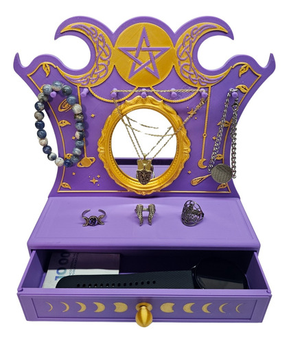 Alhajero Luna Triple Diosa Mini Mueble Exhibidor De Joyas Violeta Detalles Dorados