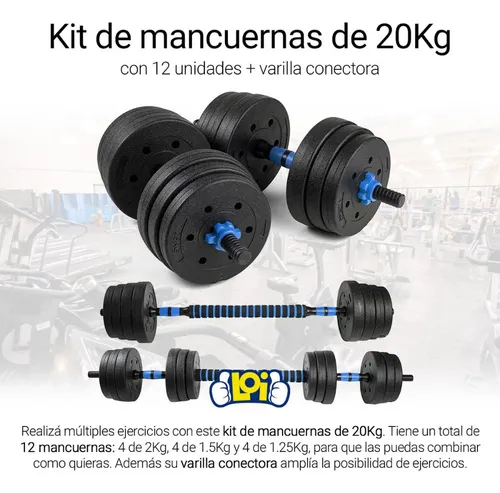 Set Mancuernas 20kg Totales 12 Pesas + Barra Conectora Loi