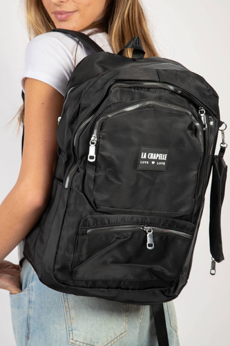 Mochila Urbana La Chapelle Microfibra Con Neceser Negro Liso