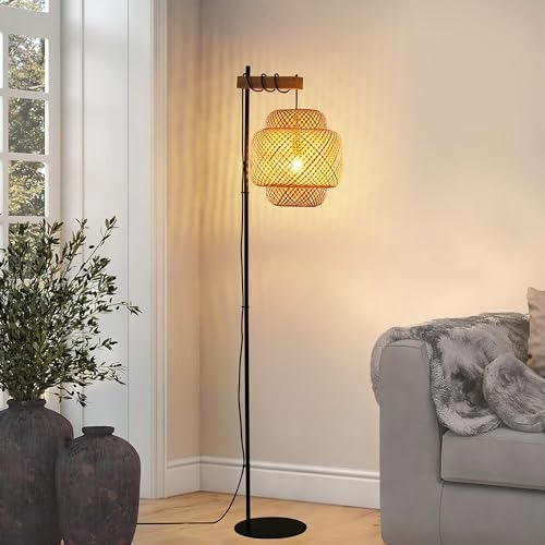 Lámpara De Pie De Ratán Bohemio Para Sala De Estar, Pantalla