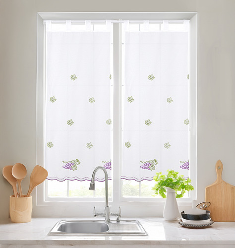 Cortinas Cocina Frutas Bordado Semitransp 2pzs Lino Algodón Uva