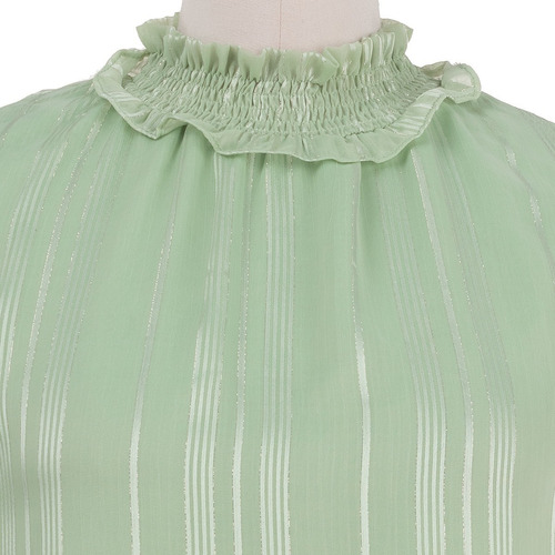 Imagen 4 de 7 de Blusa Vestir Cuelo Alto Rayas Satin Manga Corta Elegante.
