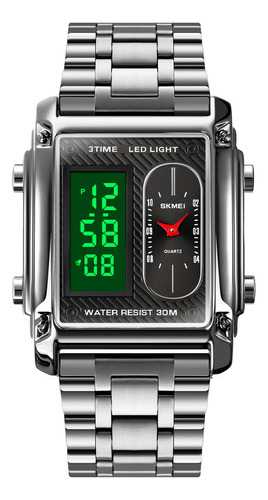 Skmei 1868 Reloj Rectangular Acero Inox Digital Y Manecillas Correa Plateado