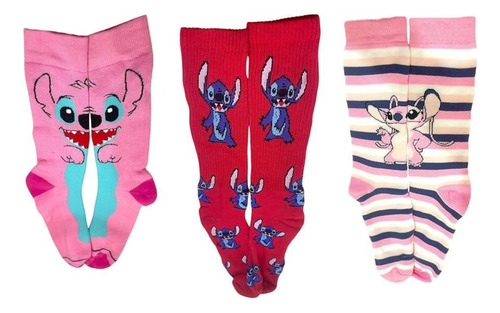 Meia Personalizada Stitch Algodão Cano Alto Longo Kit 3 Rosa-claro Stitch E Angel 34-43