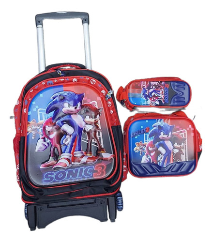 Morral Maleta Sonic Con Ruedas Kit X 3 Lonchera Y Cartuchera