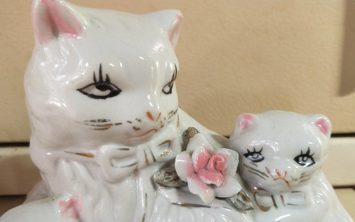 Figura Artesanal Oriental Mama Gato Mother Cat Porcelana 