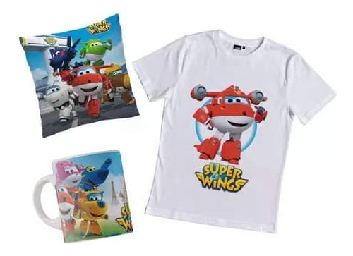 Camiseta Personalizada Super Wings Combo Con Taza Y Cojin 