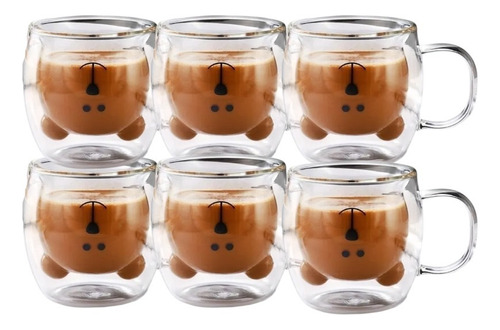 Set X6 Tazas Doble Pared Vidrio Oso Caliente Frio Mug 350ml Transparente Taza Con Asa Oso Teddy