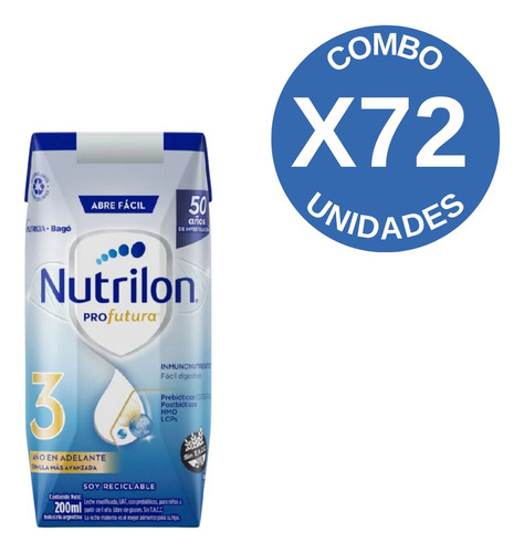 Leche de fórmula líquida sin TACC Nutricia Bagó Nutrilon Profutura 3 sabor neutro en caja - Pack de 72 x 24 unidades de 200mL - 12 meses a 2 años