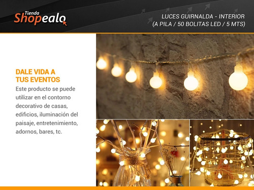 Imagen 4 de 8 de Luces Decorativa Cálidas Bolita Blanca 50 Led 5 Mt A Pilas-*
