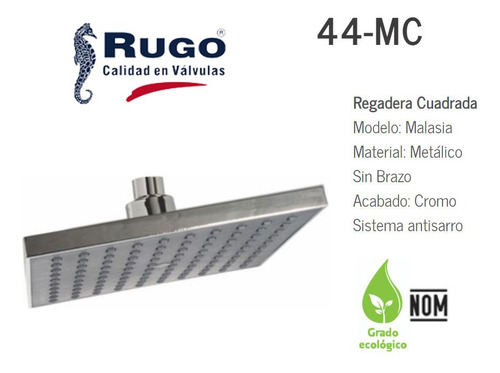 Regadera Cuadrada 7 1/2 Cromo Brazo Cromado Rugo
