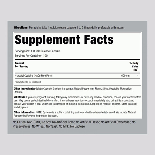 Piping Rock Nac N-acetyl Cysteine 100 Capsulas 600 Mg Neutro