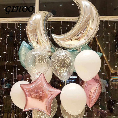 Set Deco Globos Luna Plateada X 2 Estrellas Confeti  Bouquet