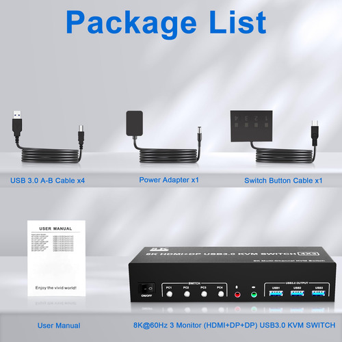 Kvm Switch 2 Displayport + Hdmi Usb3.0 Para 3 Monitores 4