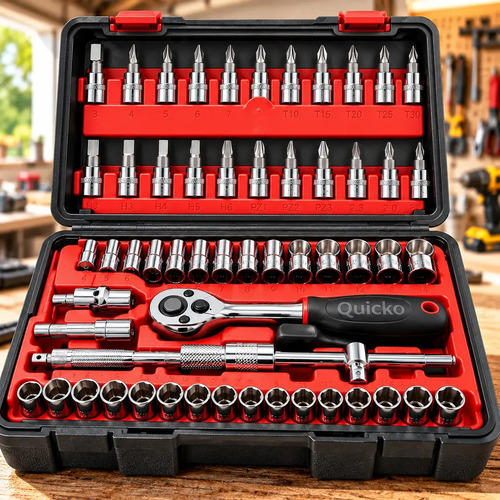 Kit Ferramentas 46 Peças Jogo Chaves Catraca Soquetes Allen Torx Fenda Phillips Maleta Completa Manual Mecânico Manutenção Casa Carro Oficina Profissional ajustes e reparos diversos montagens Quicko