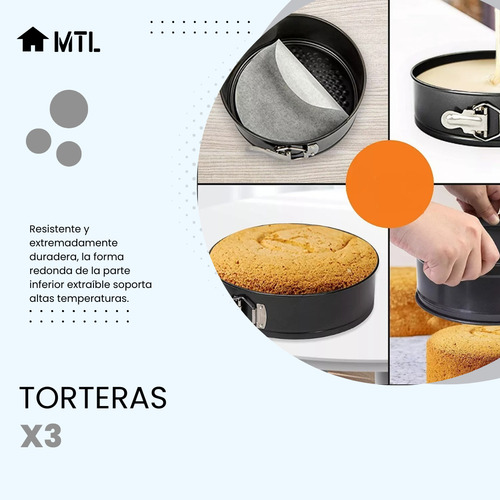 Set De Moldes Para Torta Mtl X3 Piezas Desmontables Antiadherentes Cocina Horno Repostería Profesional Pastelería Moldes Redondos Alta Calidad Fácil Limpieza Cierre Metálico