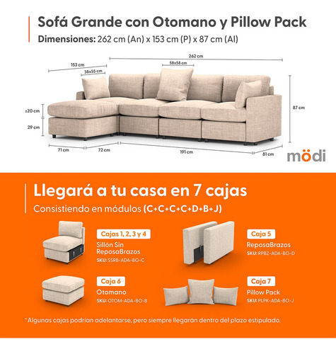 Sala Modular Modi 4 Plazas + Otoman + Pillowpack | Lavable | Beige