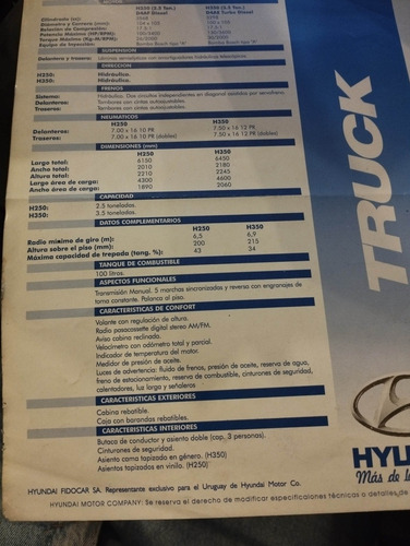 Camión Hyundai H250 H350 Folleto Catálogo Camión Impreso (Usado)