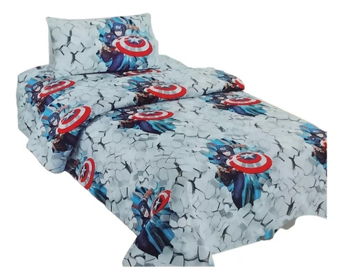 Sábanas Twin - Marvel Capitán América 100% Alg Azul Acero Geométrico