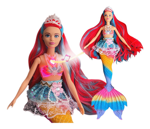 Boneca Sereia Musical Com Luzes Acessórios Colorida