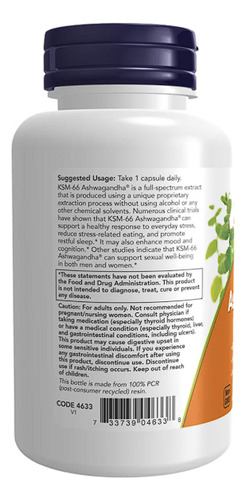 Suplemento Ksm 66 Ashwagandha 600 Mg 90 Capsulas Now Foods Sin Sabor