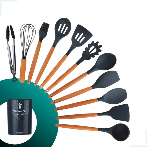 Kit 12 Utensílios Cozinha Silicone Cabo Bambu Resistente Cor Cinza