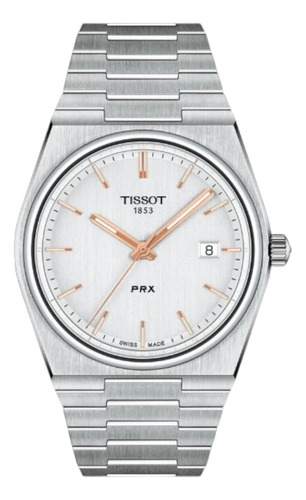 Relógio Tissot Prx 40mm | Aço | Capa Prateada | Fundo Branco Prateado Coral-claro Branco