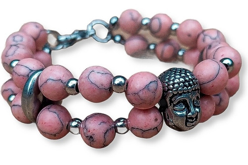 Pulsera Buda Doble. Piedras Malaquita Rosa. Dije De Acero 