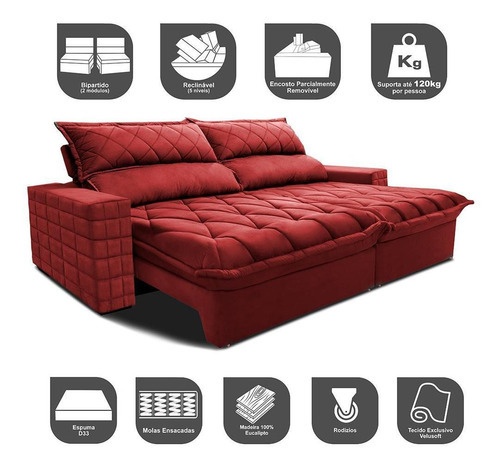 Sofá Retrátil 2,35m Pocket Cama Inbox Elegance. Velusoft Cor Vermelho