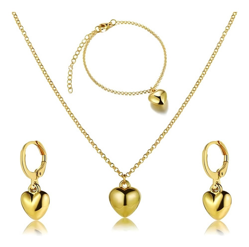 Set Collar + Aretes + Pulsera Corazón Golden Baño Oro 