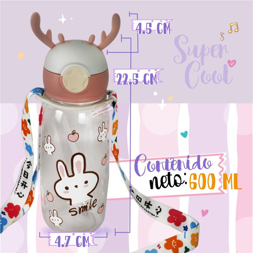 Imagen 2 de 9 de Botella De Agua Kawaii 600 Ml Crossbody Animalitos 600180