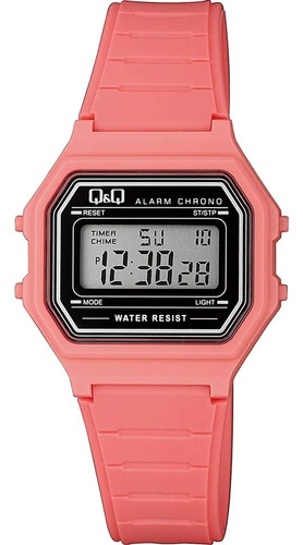 Reloj De Pulsera Digital Dama Q&q Rosa Cronometro Alarma Correa Coral Bisel Coral Fondo Negro