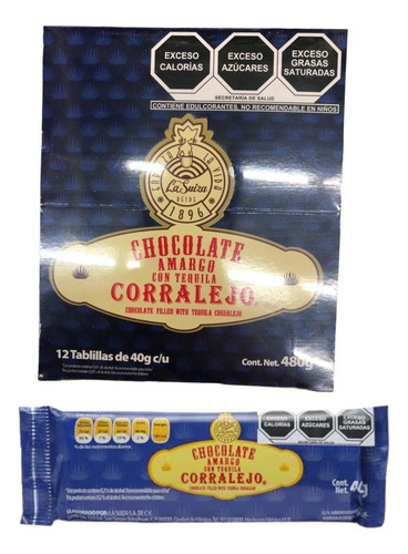 Chocolate Amargo Tequila Corralejo 24pz 40g C/u Tablilla
