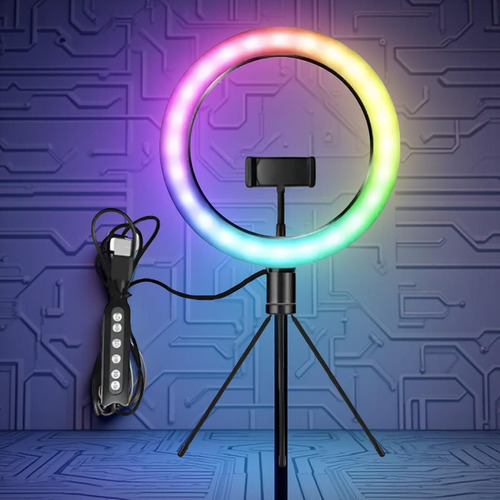 Luz Ring Light Rgb 8 Polegadas Tripé Mesa Suporte Celular Preto Rgb