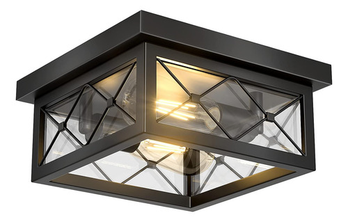 Lámpara De Techo Estilo Casa De Campo 2 Luces Negras Con Pan