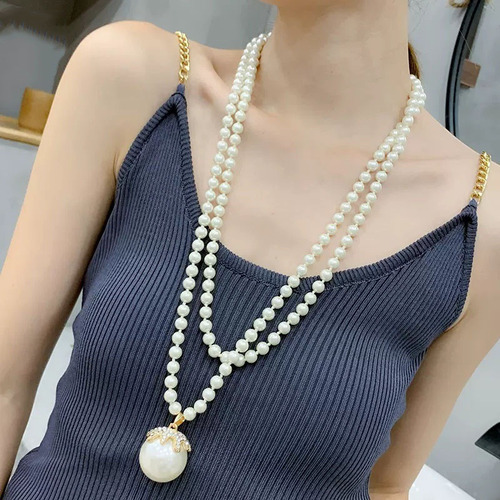 Elegante Collar De Suéter De Perlas De Estilo Coreano A La M