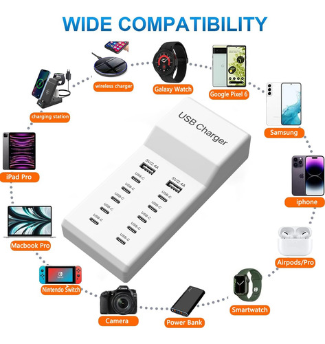 Cargador Usb C Múltiple 12 Puertos 60 W Compatible iPhone Ip