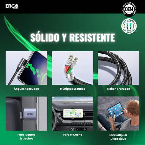 Cable Ugreen Usb-a A Usb-c 90° Grados 60w 3a Carga Rápida 2m