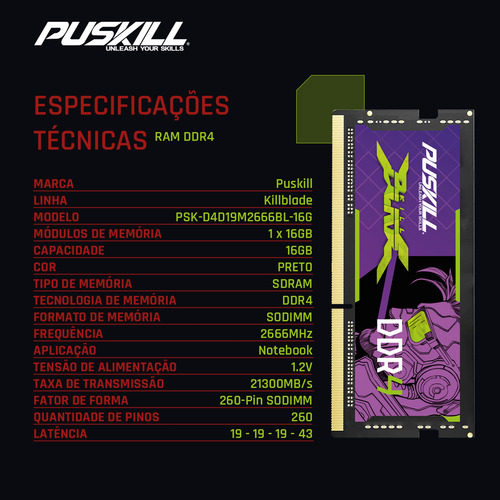 Memoria Ram Puskill Killblade Ddr4 16 Gb 2666mhz Sodimm