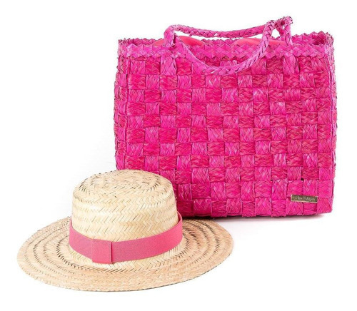 Kit Bolsa Feminina Bahamas Palha + Chapéu Feminino Casual Cor Pink