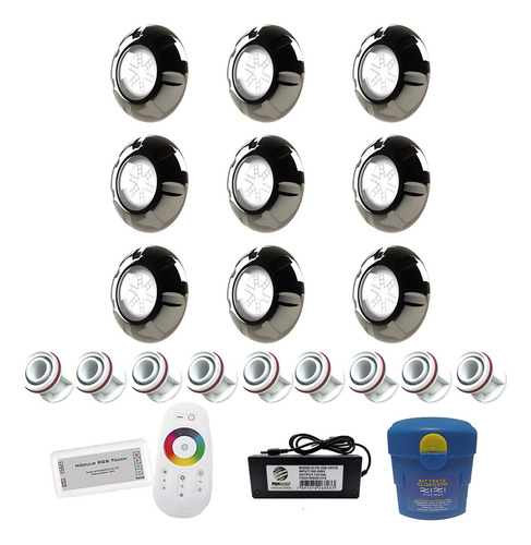 Kit Iluminação Piscina 50mm 144m² - 9 Leds 9w Inox + Comando