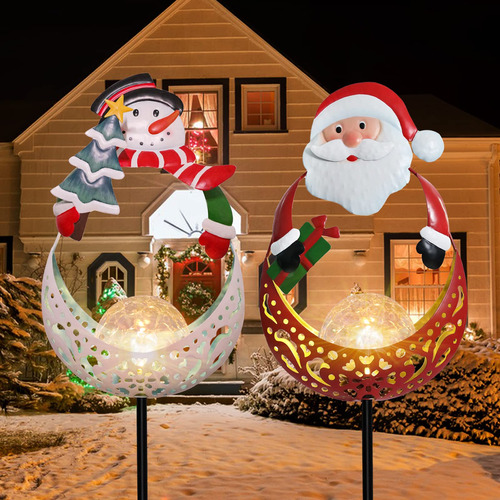 Luz Solar Navidad Para Jardin Papa Noel Muñeco Nieve Led 2