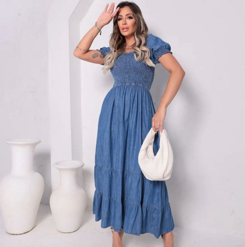 Vestido Longo Jeans Godê Manga Curta Princesa Lastex Cintura