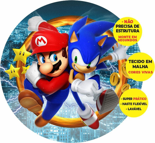 Painel Redondo 3d Sonic Vs Mario Abre Fácil Tecido 1,50m X