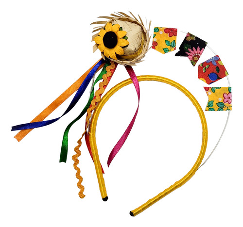 Tiara Bandeirinhas Junina Com Fitas Acessório Fantasia Amarelo