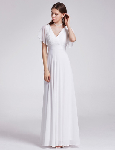 Vestido Largo Gasa Color Blanco Con Mangas Cortas Importado