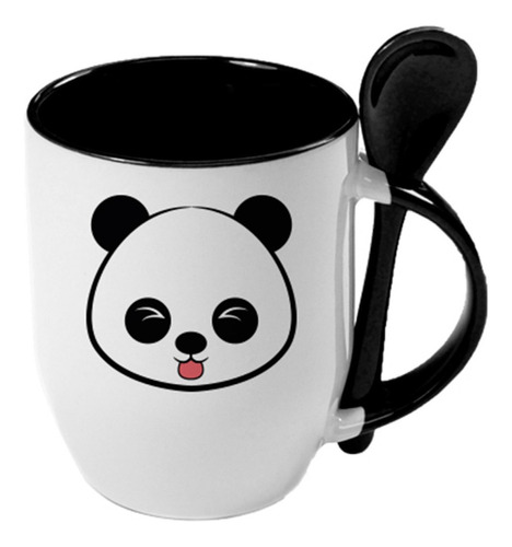 Taza Personalizada Panda Cuchara Negra Cerámica Café