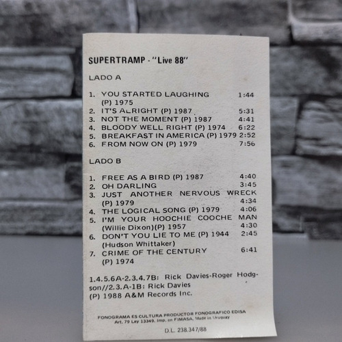Supertramp Live '88 Difusión Uruguay Am Records Rock 1988 (Usado)